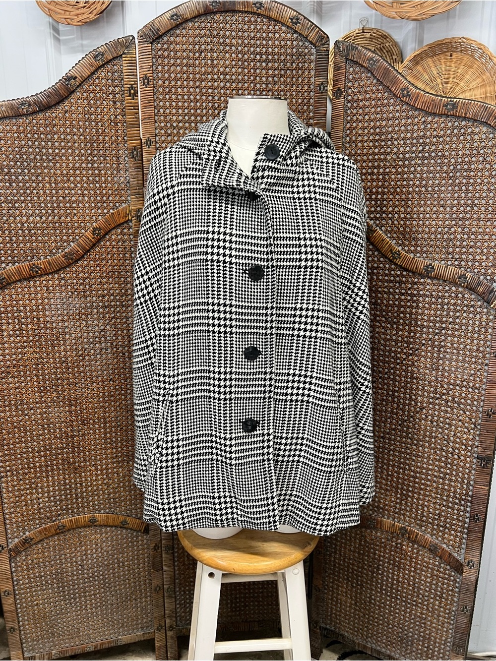 Talbots cape jacket black white houndstooth s/m